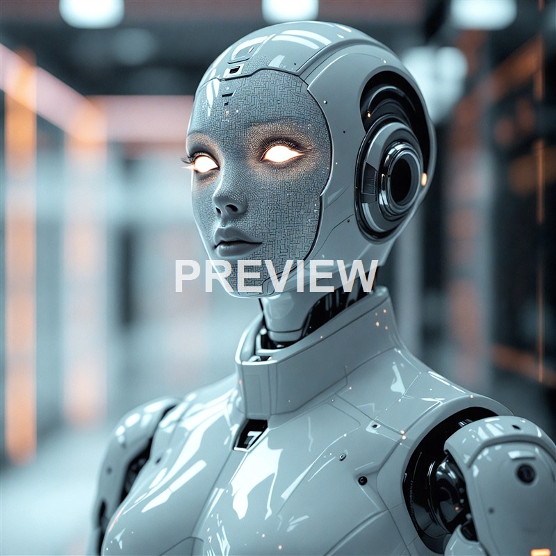 A futuristic humanoid robot with a sleek, silver exterior and glowing white eyes, standing in a high-tech environment.